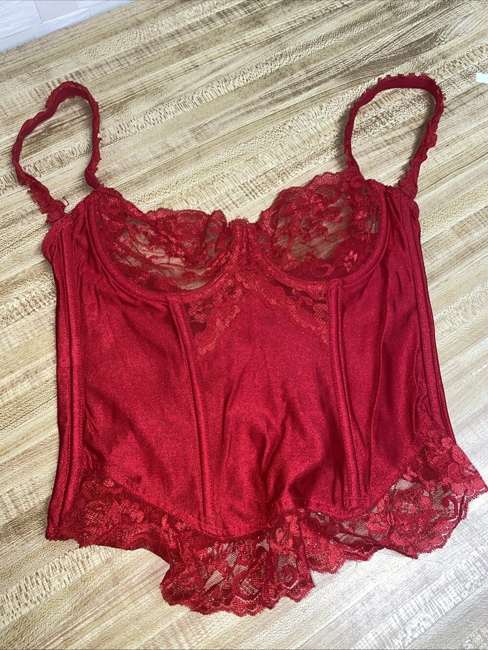 Lady Marlene Red Long Line Bra Corset Size 34 Nylon Satin Lace Straps Come Off